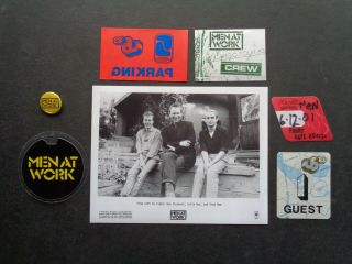 Men At Work,  B/w Promo Photo,  4 Vintage Otto Backstage Passes,  Metal Pin/button