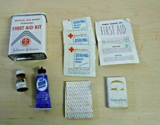 Vintage Official Bsa Boy Scout Personal First Aid Kit Tin - Johnson & Johnson