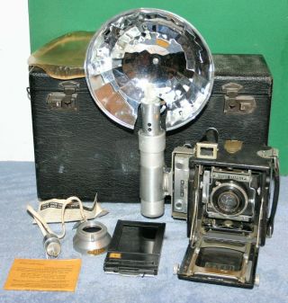 Vintage Graflex Speed Graphic Press Camera With Campur Lens,  Case & Accessories