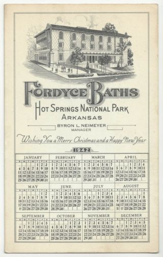 1942 Hot Springs,  Arkansas - Bath House Advertising,  Vintage Calendar Postcard