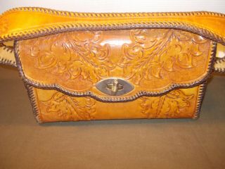 Vintage Brown Leather Tooled Satchel Shoulder Bag Purse Handmade