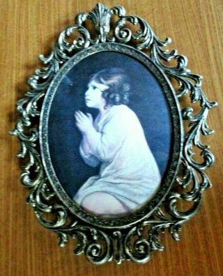 Vintage Florentine Brass Ornate Oval Bubble Convex Glass Picture Frame Italy