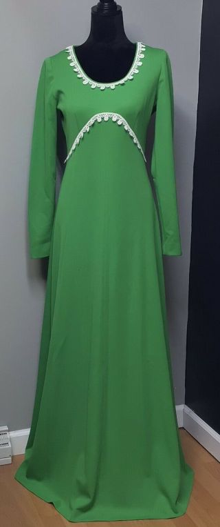 Vtg Green Mod Maxi Prairie Dress Sz M