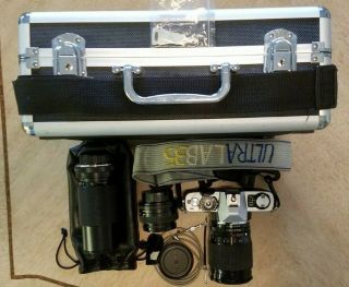 Vintage Minolta Xg - 1 Camera Heavy Strap 3 Lenses Caps Metal Case Misc Very Good