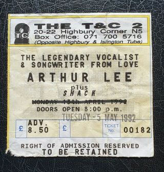 Rare Autographed Concert Ticket Arthur Lee From Love (london 5th May 1992 T&c2)