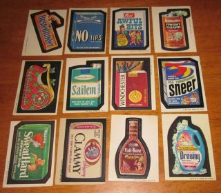 12 Different Vintage 1973 1974 Wacky Packages Botch Tape Awful Bits Fish - Bone,