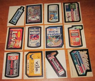 12 Different Vintage 1973 1974 Wacky Packages Vile Neveready Fright Guard Rabid