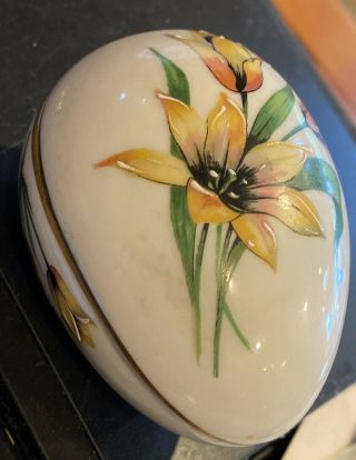 Vintage Fm Limoges France Hand Painted Egg Shaped Trinket Box Yellow Flowers