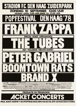 Pop Festival 1978 Frank Zappa The Tubes Peter Gabriel Netherlands Concert Poster
