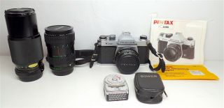 Pentax K1000 35mm Slr Camera Kit W/3 Lens And Light Meter,  Please Read