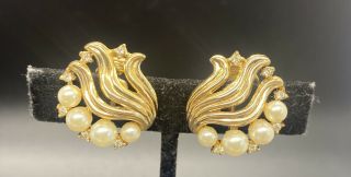 Signed Crown Trifari Vintage Gold Tone Faux Pearl Rhinestone Clip Earrings