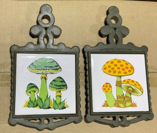 Set Of 2 - Vintage 1970’s Cast Iron Ceramic Tile Trivet - Fun Mushrooms