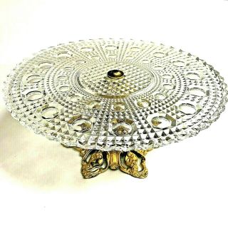 Vintage Round Pattern Glass Cake Plate Gold Metal Pedestal Octagons