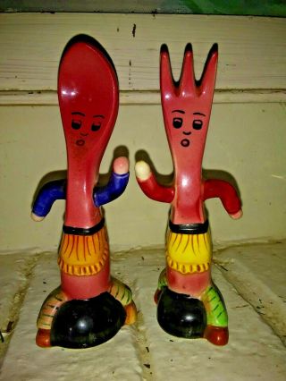 Vintage Anthropomorphic Running Spoon And Fork Salt And Pepper Shakers - Japan
