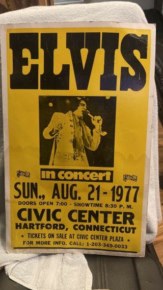 ￼1977 Elvis Concert Poster Civic Center Hartford,  Ct On Cardboard 14x22