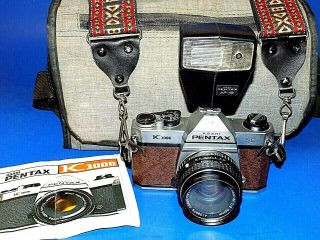 Vintage Asahi Pentax K1000 Se 35mm Slr Camera W/50mm Lens,  Af16 Flash And Bag
