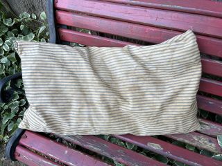 Primitive Vintage Khaki & Blue Stripe Ticking Feather Pillow