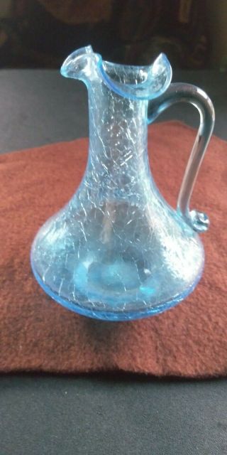 Aqua Blue Blown Crackle Glass Pitcher Vase Applied Handle 4 - 1/2” Tall Vtg