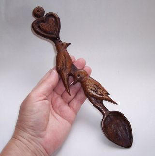 Vintage Wooden Carved Welsh Love Spoon Birds And Heart 10.  5 " Long - Treen