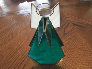 Vintage Stained Glass Praying Angel Figurine Handcrafted Blue Green 10”