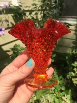 Vintage Fenton Amberina Hobnail Glass Vase Persimmon Glows Orange 4 " Tall