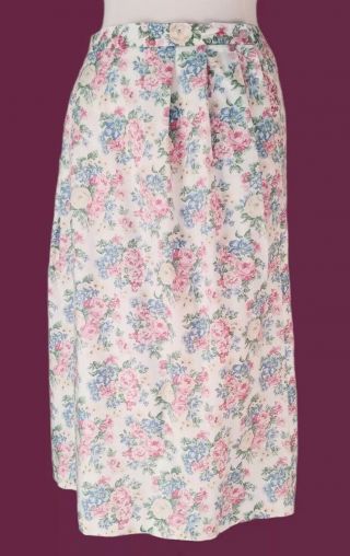 Vintage Large Ashley 100 Cotton Spring Summer Floral Pleated Skirt Pockets