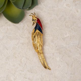 Vintage 1990s Red Blue Enamel Gold Tone Long Tailed Bird Pin Brooch