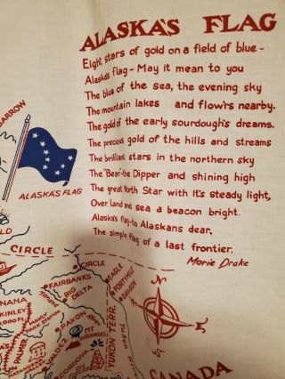 Vintage Linen Cotton Souvenir Tablecloth Alaska Map Flag State Song R/w/b