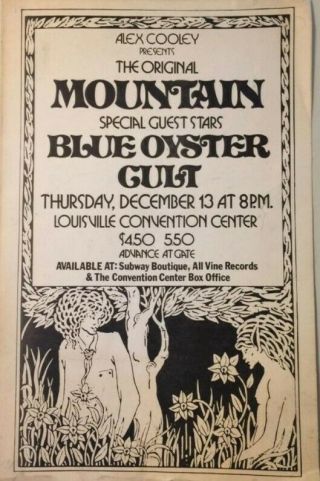 Vtg 1970s? Blue Oyster Cult/mountain Concert Poster Louisville Ky Boc Rock Band