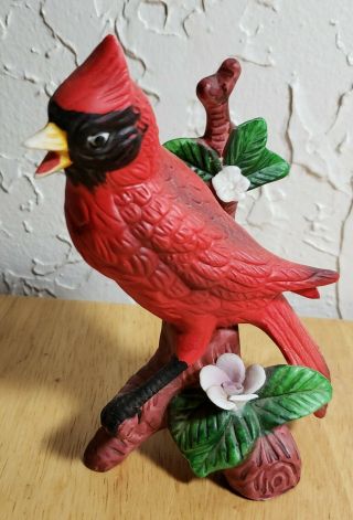 Vintage Porcelain Cardinal Red Bird On Branch With Flowers Figurine