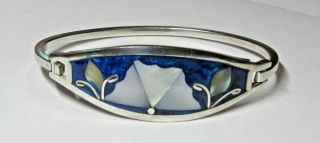 Vintage Mexico Alpaca Silver Inlaid Mother Of Pearl - Cobalt Blue Hinged Bracelet
