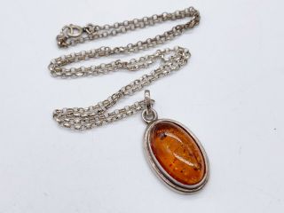 Vintage Solid Silver Scottish Amber Set Oval Pendant Ladies Necklace