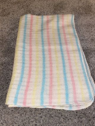 VTG Pastel Stripe Waffle Weave Thermal Acrylic Baby Blanket USA 36x24 3