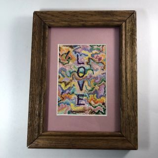 Vintage Completed Punch Needle Love Freestyle Psychedelic Hippie Oak Framed Mat