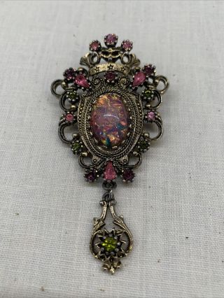 Vintage Sarah Coventry Contessa Faux Pink Fire Opal & Rhinestone Brooch Pendant