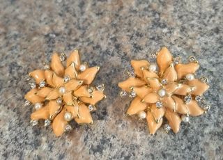 Vintage St.  John Enamel Rhinestones And Pearls Flower Clip Earrings
