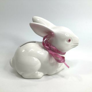 Vintage Bunny Rabbit Piggy Bank Japan White Pink Ceramic Porcelain
