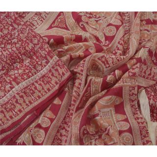 Sanskriti Vintage Dark Red Sarees Pure Silk Printed Sari Craft 5 Yard Fabric