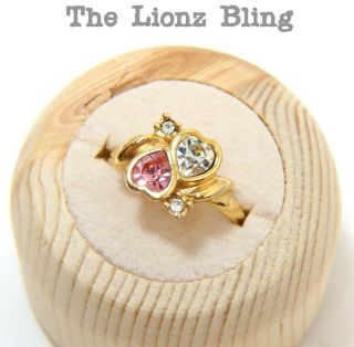 True Vintage Avon Gold Ring With Pink Topaz & Cz Hearts Size 8