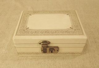 Vtg 2 Tier Jewelry Box Cream Faux Leather Red Silk Lining Gold Scrolling Pattern