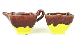 California Pottery Mini Cream,  Sugar Bowls Vintage 1952 Ceramic Yellow Brown