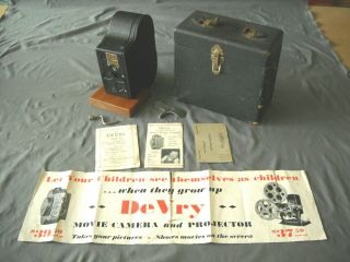 Vintage Devry Model B 16mm Movie Camera With Case Instructions Brochure Wind Key