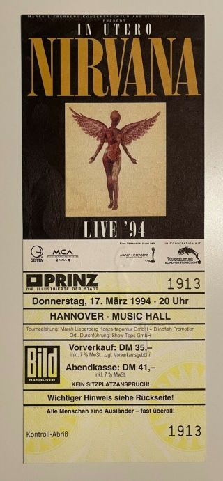 Nirvana Concert Ticket Hannover Germany 3/17/1994 (canceled)