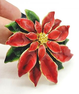 Vintage Enamel Poinsettia Flower Pin Brooch Layered Red Green Rhinestones 2 1/2 "
