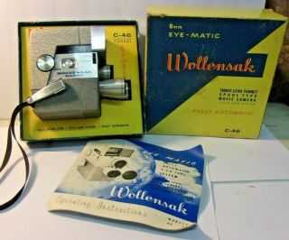 Vintage Wollensak Eye Matic C - 46 Film Movie Camera 3 Lens Turret In Box/ibooklet