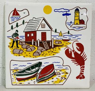 Vtg Red Maine Lobster Boat Ship Decorative Ceramic Wall Art Tile Souvenir Trivet