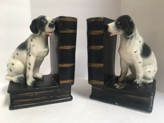 Pair Vintage Ceramic Bookends Black White Spotted Sitting Dogs Noritake Japan 2