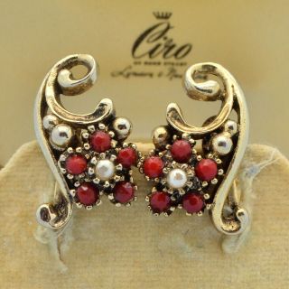 Vintage Earrings Coro Jewelcraft 1950s Red Glass Flowers Goldtone Jewellery