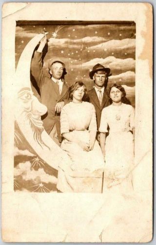 Vintage 1910s Paper Moon Real Photo Rppc Postcard 2 Young Couples Teens
