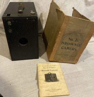 Kodak No.  2c Brownie Box Camera W/ Test Roll Film Instruction Book 1/2 - Box Ex,